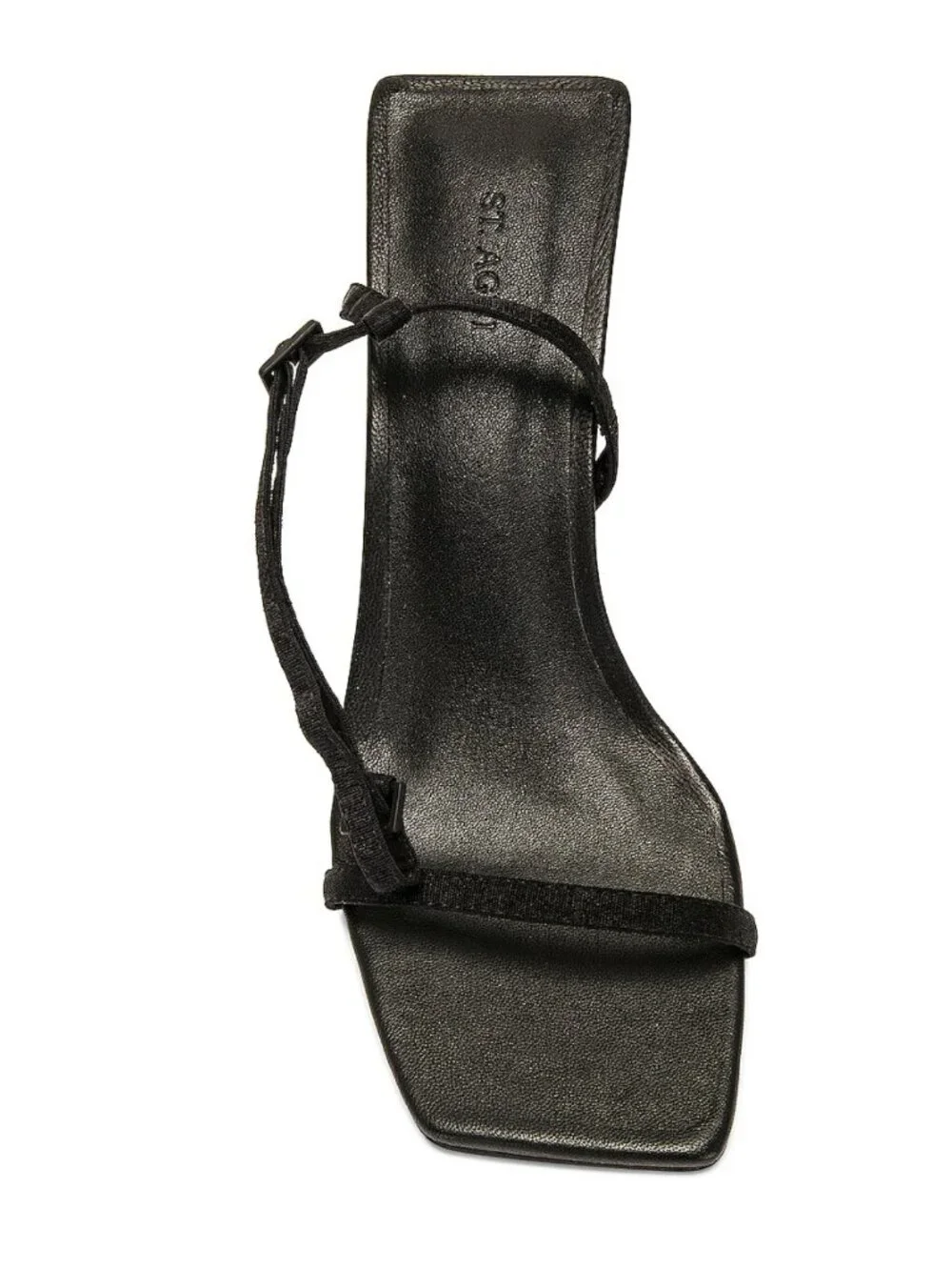 St. Agni Brasserie Wedge Black Leather Strappy Sandals Square Toe Heel